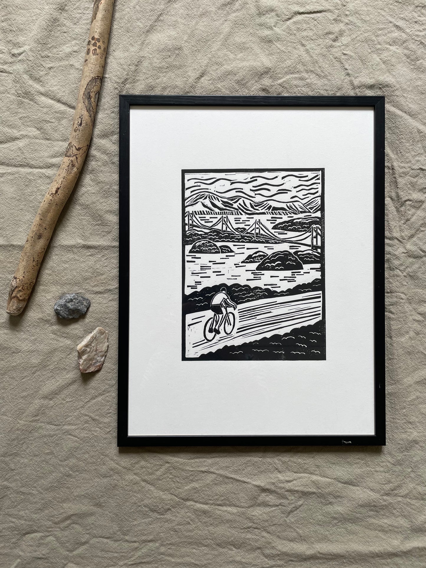 Original Handmade Lino Print - Shimanami Kaido Cycling