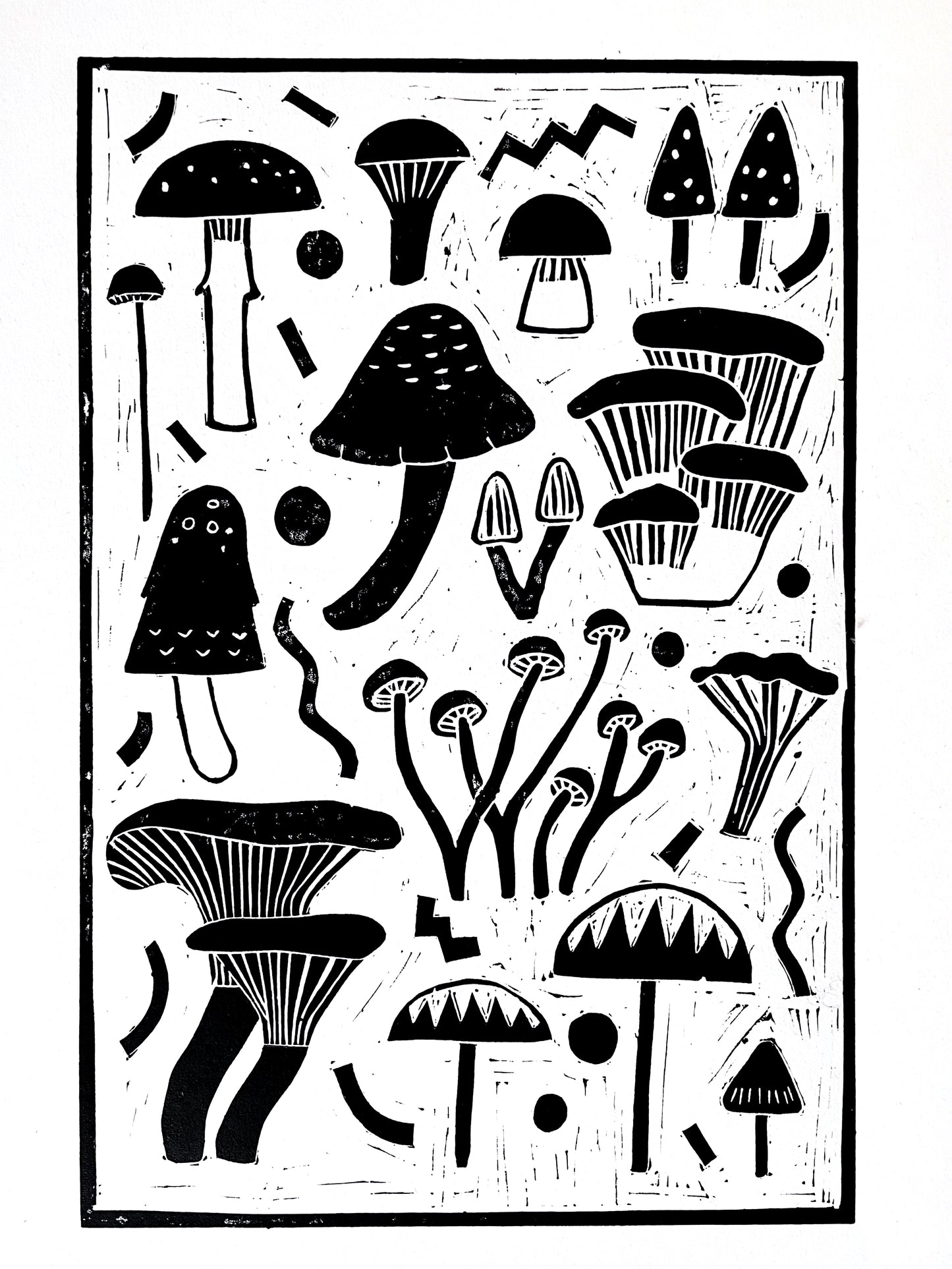 Original Handmade Lino Print - Mushroom Party