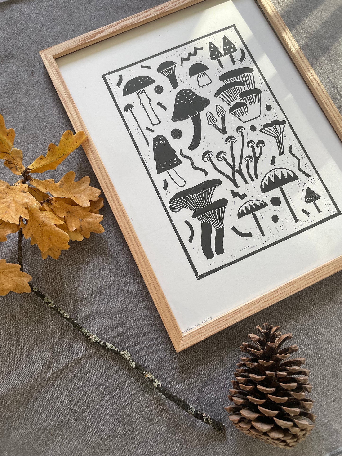Original Handmade Lino Print - Mushroom Party