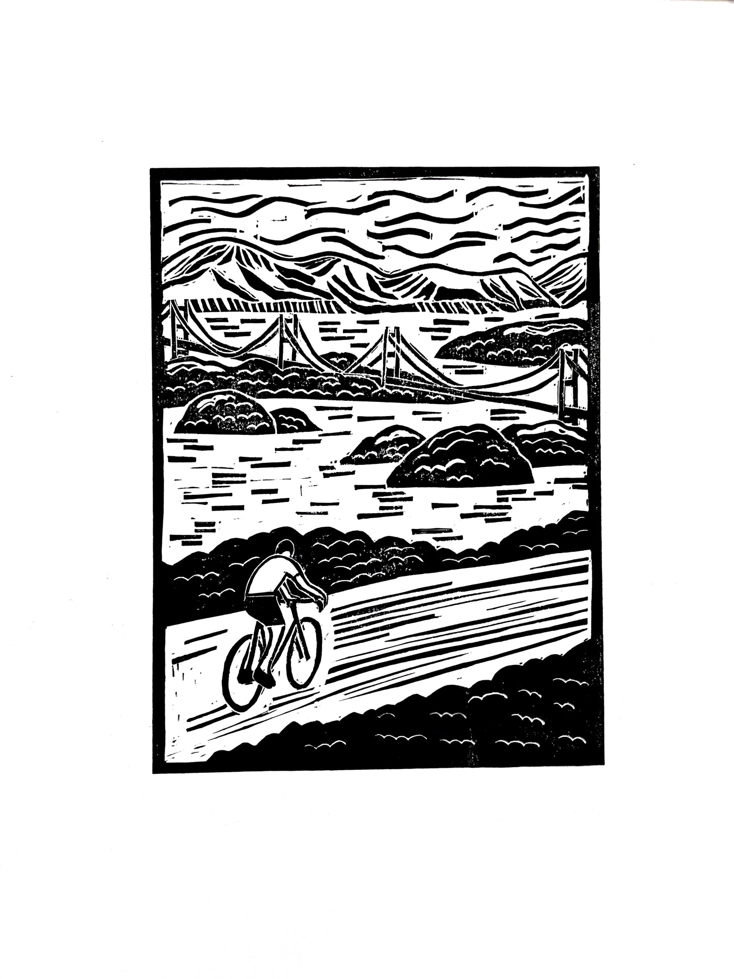 Original Handmade Lino Print - Shimanami Kaido Cycling