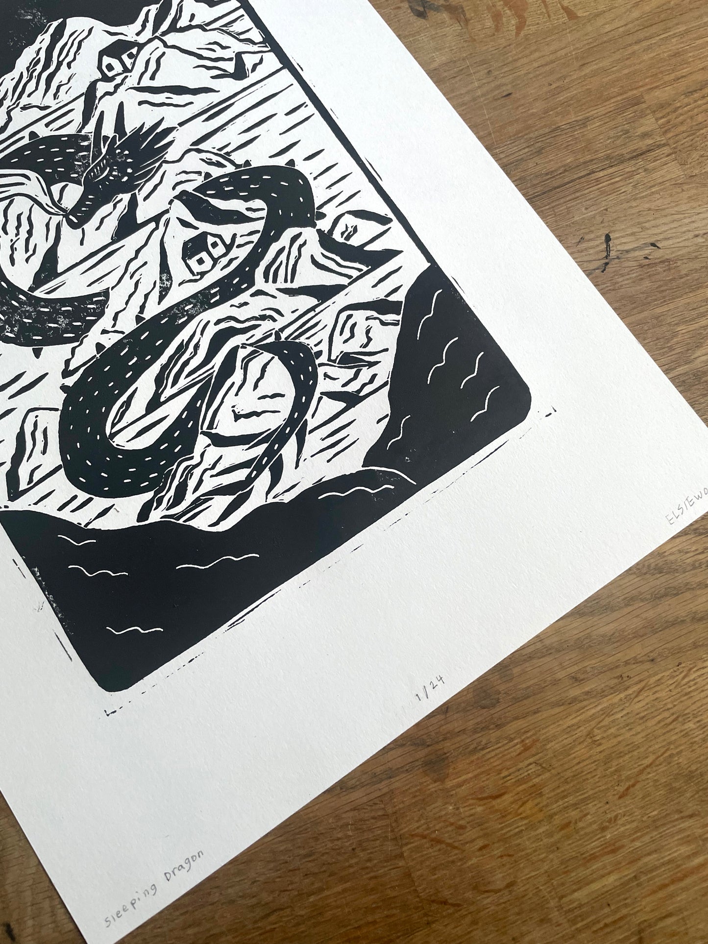 Original Lino Print - Sleeping Dragon