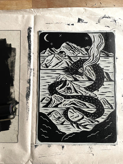 Original Lino Print - Sleeping Dragon