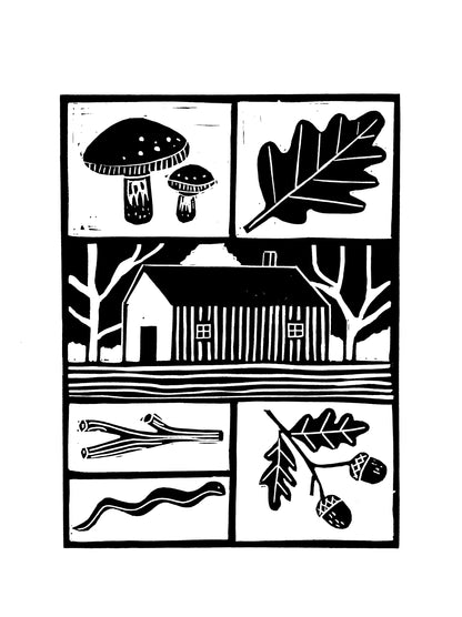 Original Lino Print -  Nature Objects