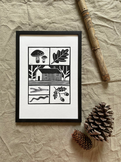 Original Lino Print -  Nature Objects