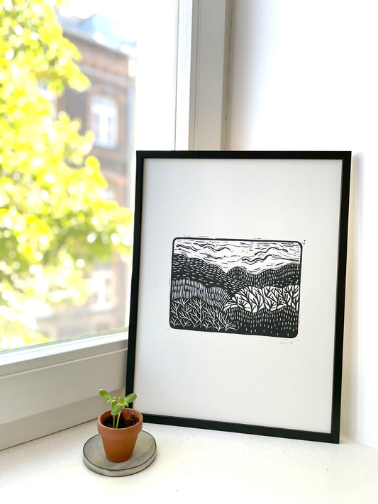 Original Lino Print - Somewhere in Between - Over the Fields