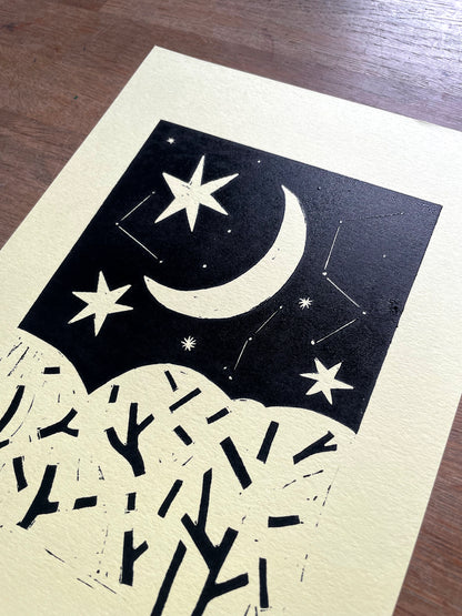 Original Lino Print - Moon & Stars