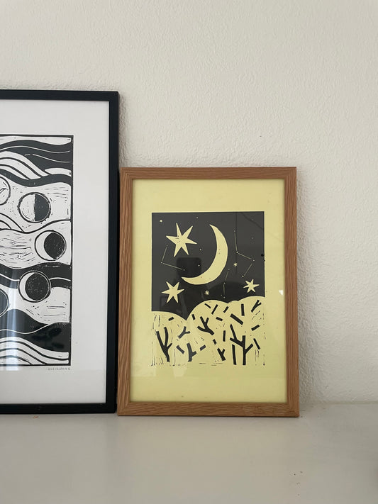 Original Lino Print - Moon & Stars