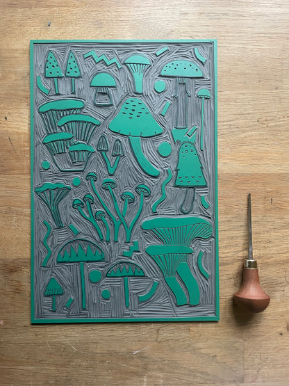 Original Handmade Lino Print -  Mushroom Party