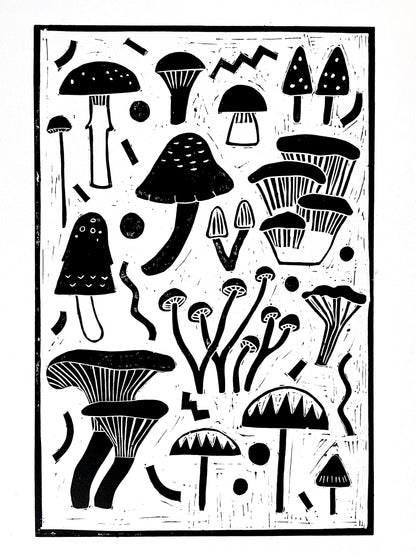 Original Handmade Lino Print -  Mushroom Party
