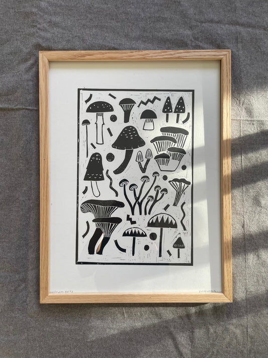 Original Handmade Lino Print -  Mushroom Party