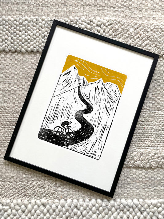 Original Linocut print - Mountain Cyclist