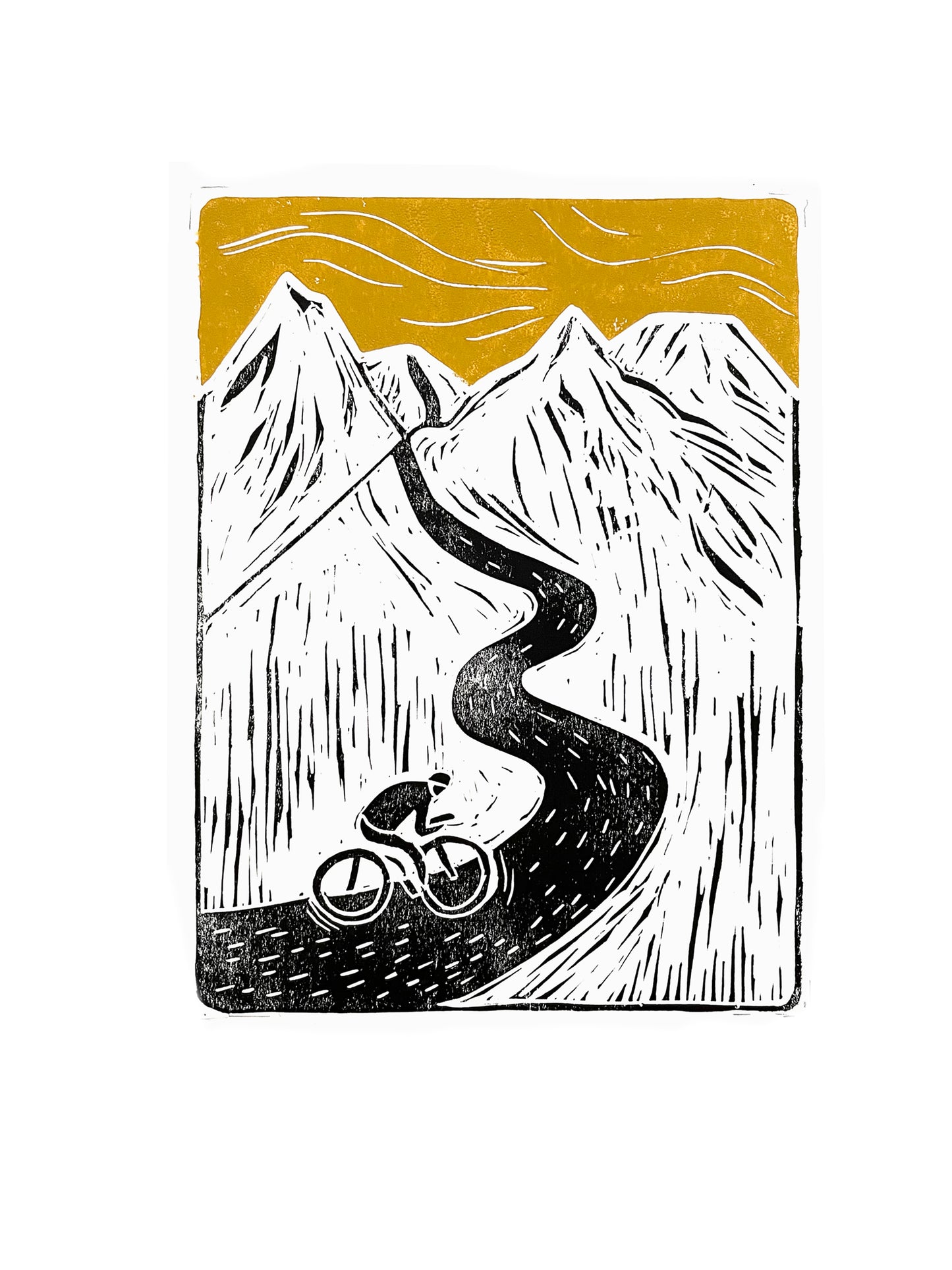 Original Linocut print - Mountain Cyclist