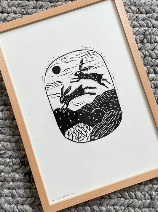 Original Lino Print - Hares Under the Moon and Sun