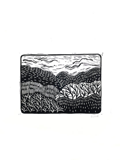 Original Lino Print - Somewhere in Between - Over the Fields