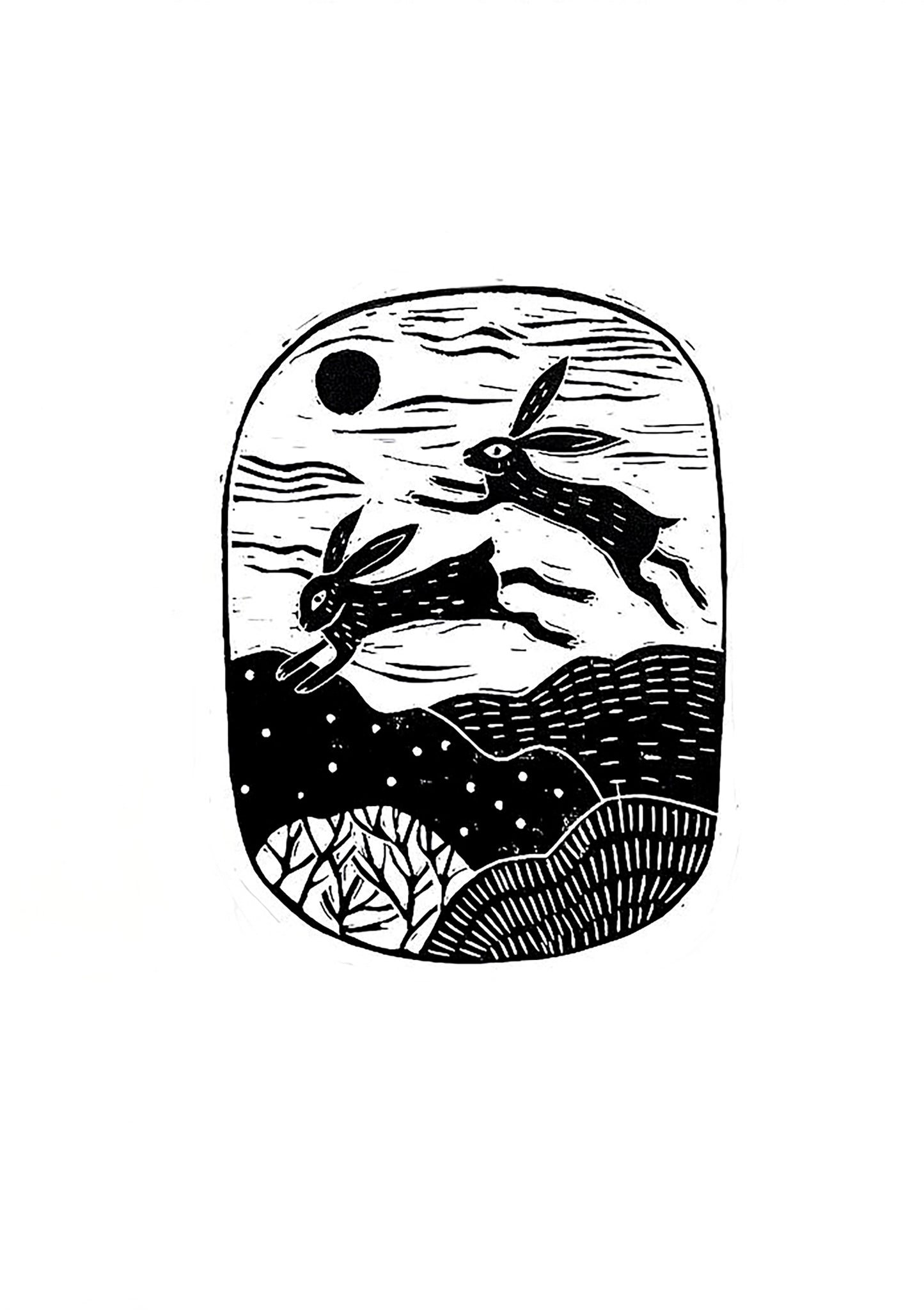 Original Lino Print - Hares Under the Moon and Sun