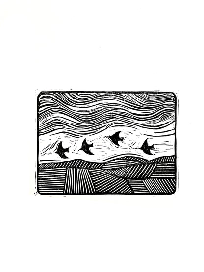 Original Lino Print - Somewhere in Between - The Birds