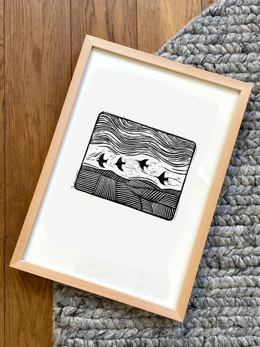 Original Lino Print - Somewhere in Between - The Birds